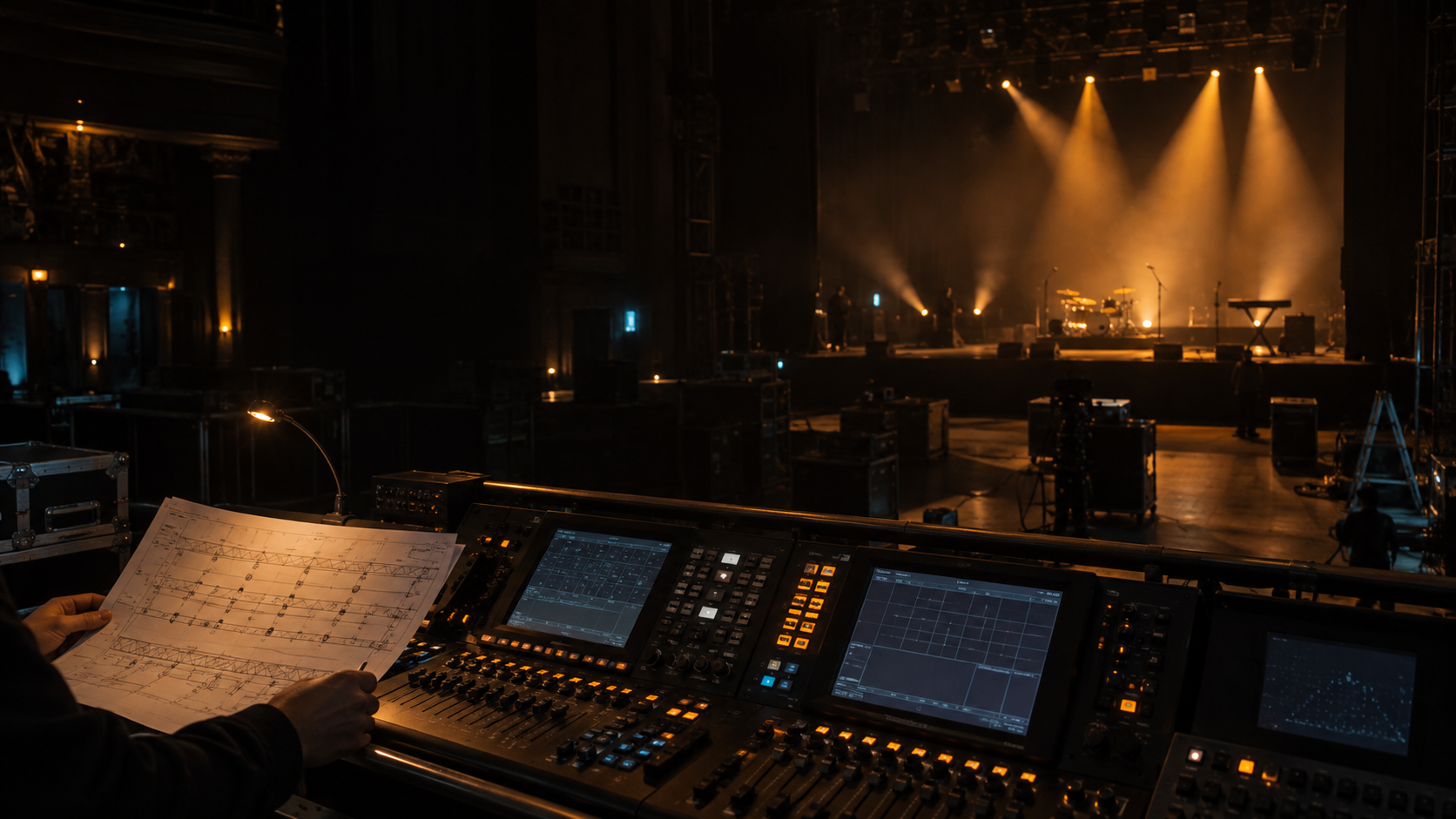 Freelance lighting technician working at a control console during a live production